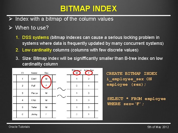 BITMAP INDEX Ø Index with a bitmap of the column values Ø When to