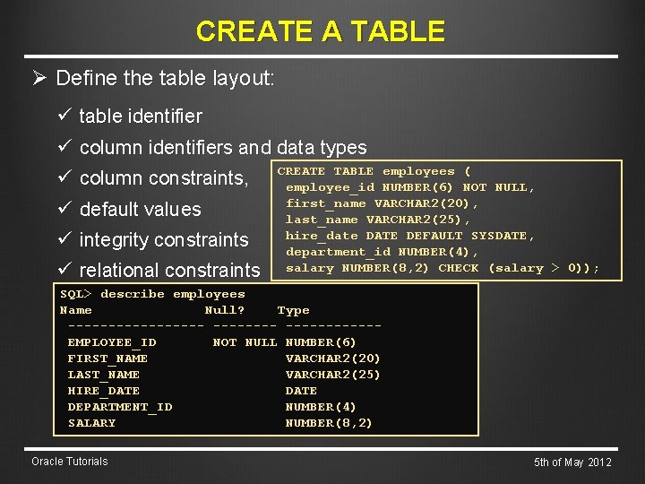 CREATE A TABLE Ø Define the table layout: ü table identifier ü column identifiers