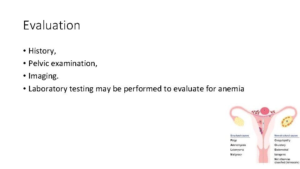 Evaluation • History, • Pelvic examination, • Imaging. • Laboratory testing may be performed