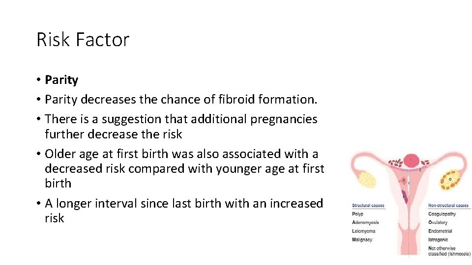 Risk Factor • Parity decreases the chance of fibroid formation. • There is a