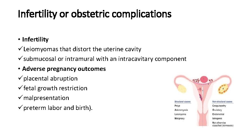 Infertility or obstetric complications • Infertility üLeiomyomas that distort the uterine cavity üsubmucosal or