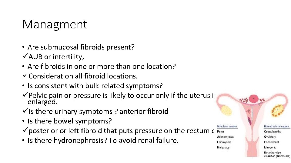 Managment • Are submucosal fibroids present? üAUB or infertility, • Are fibroids in one