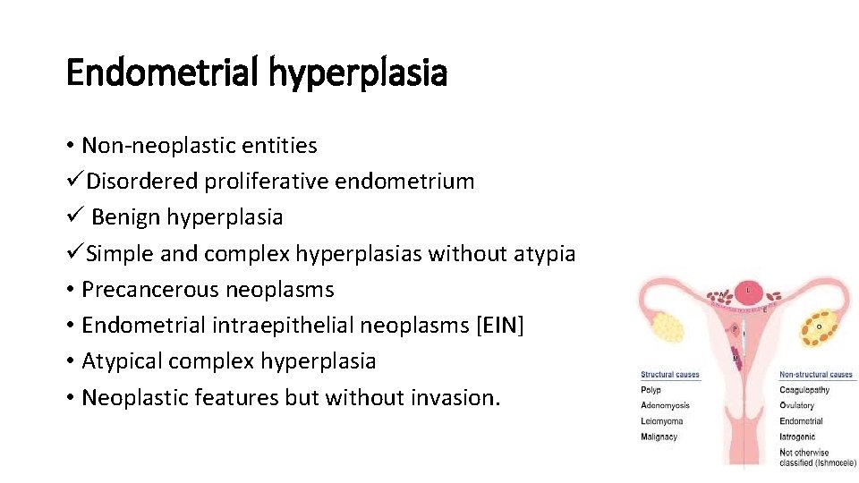 Endometrial hyperplasia • Non-neoplastic entities üDisordered proliferative endometrium ü Benign hyperplasia üSimple and complex