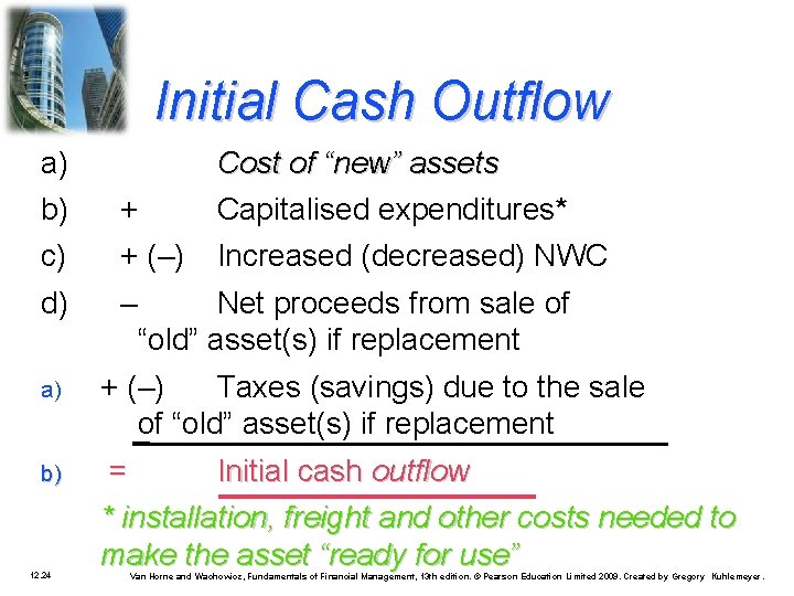Initial Cash Outflow a) b) + Cost of “new” assets Capitalised expenditures* c) +