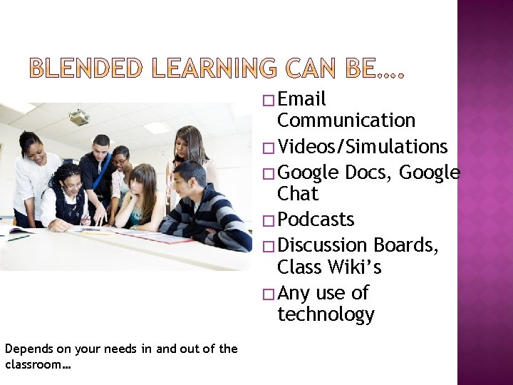� Email Communication � Videos/Simulations � Google Docs, Google Chat � Podcasts � Discussion