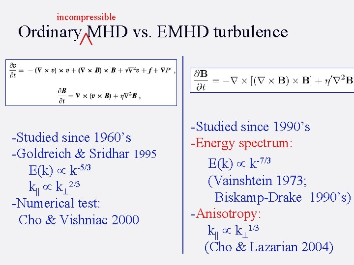 incompressible Ordinary MHD vs. EMHD turbulence -Studied since 1960’s -Goldreich & Sridhar 1995 E(k)