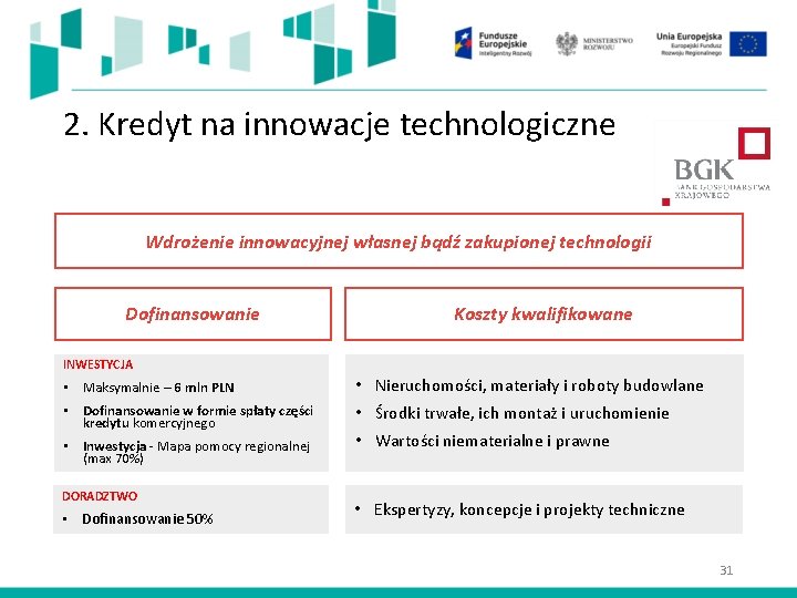 2. Kredyt na innowacje technologiczne Wdrożenie innowacyjnej własnej bądź zakupionej technologii Dofinansowanie Koszty kwalifikowane