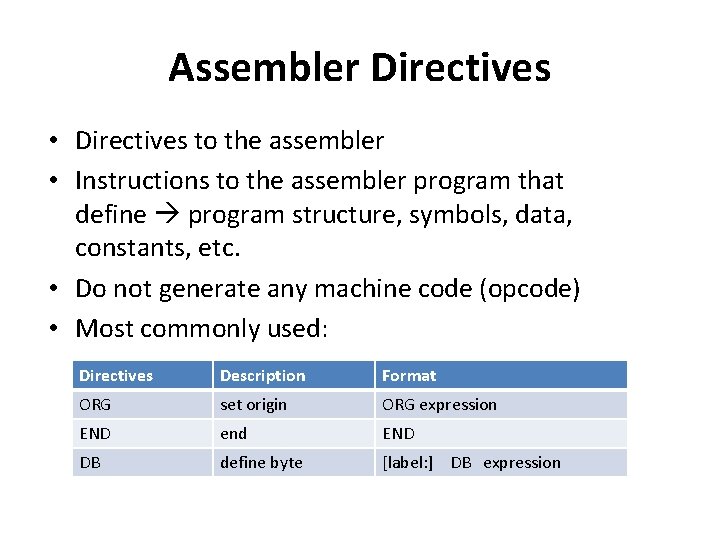 Assembler Directives • Directives to the assembler • Instructions to the assembler program that