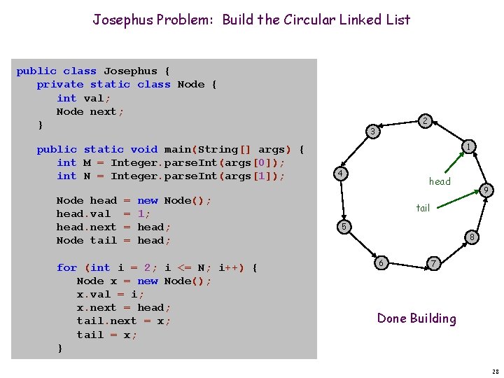 Josephus Problem: Build the Circular Linked List public class Josephus { private static class