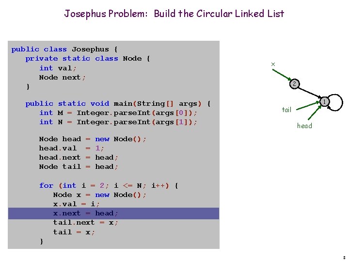 Josephus Problem: Build the Circular Linked List public class Josephus { private static class