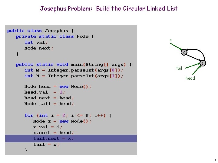 Josephus Problem: Build the Circular Linked List public class Josephus { private static class