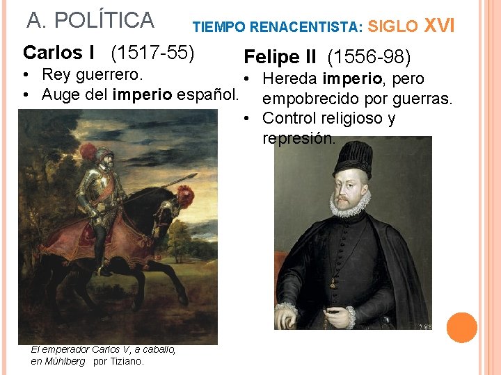 A. POLÍTICA TIEMPO RENACENTISTA: SIGLO Carlos I (1517 -55) Felipe II (1556 -98) XVI