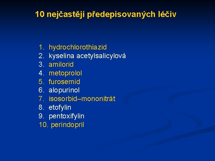 10 nejčastěji předepisovaných léčiv 1. hydrochlorothiazid 2. kyselina acetylsalicylová 3. amilorid 4. metoprolol 5.