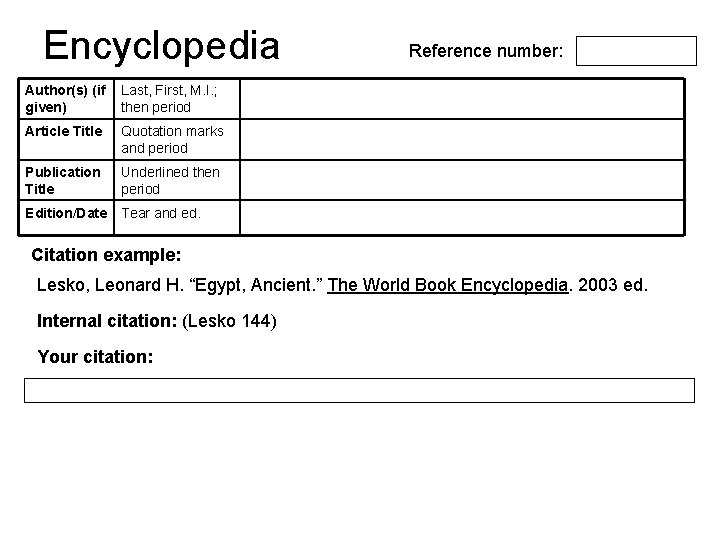 Encyclopedia Author(s) (if given) Last, First, M. I. ; then period Article Title Quotation