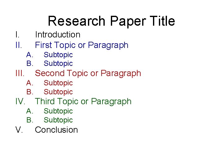 Research Paper Title I. II. Introduction First Topic or Paragraph A. B. III. Second