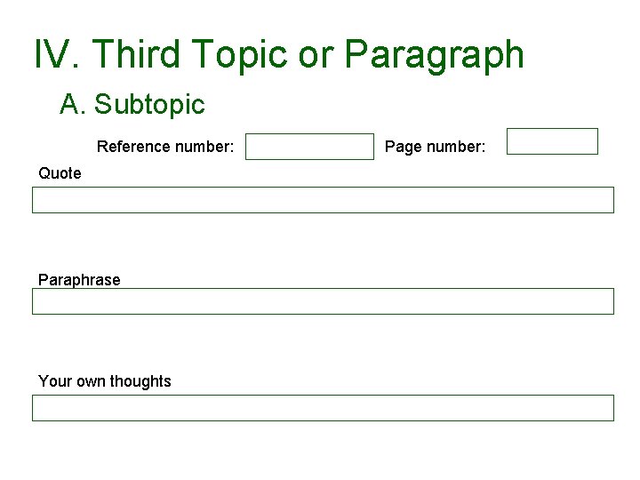 IV. Third Topic or Paragraph A. Subtopic Reference number: Quote Paraphrase Your own thoughts