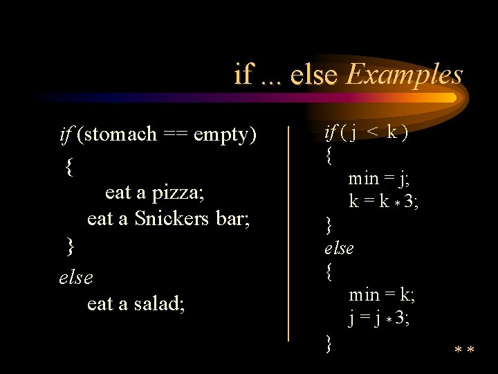 if. . . else Examples if (stomach == empty) { eat a pizza; eat