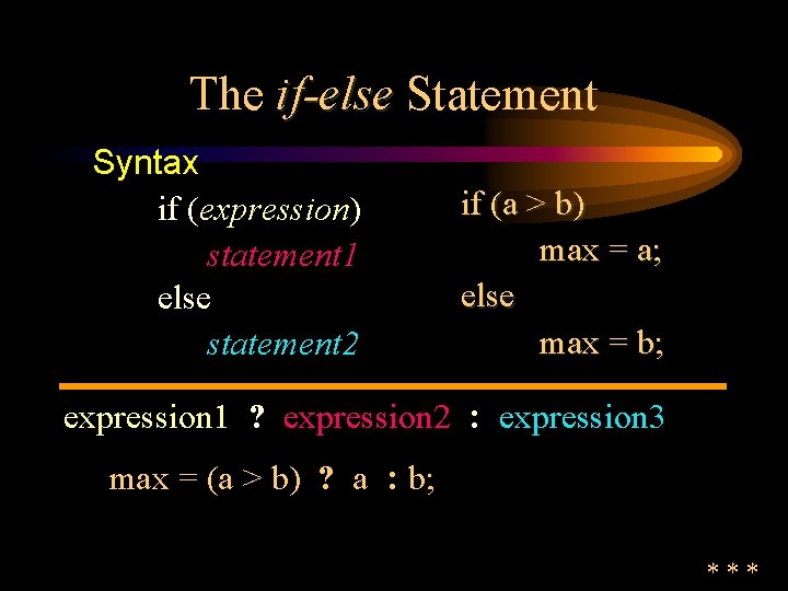 The if-else Statement Syntax if (expression) statement 1 else statement 2 if (a >
