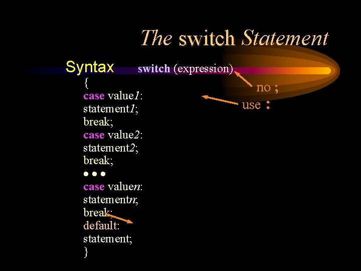 The switch Statement Syntax switch (expression) { case value 1: statement 1; break case