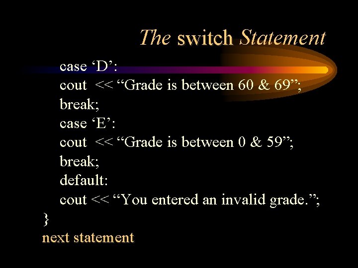 The switch Statement case ‘D’: cout << “Grade is between 60 & 69”; break;