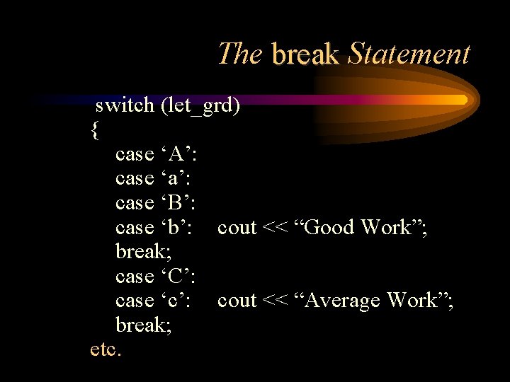 The break Statement switch (let_grd) { case ‘A’: case ‘a’: case ‘B’: case ‘b’: