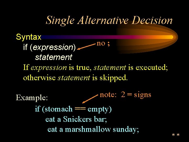 Single Alternative Decision Syntax no ; if (expression) statement If expression is true, statement