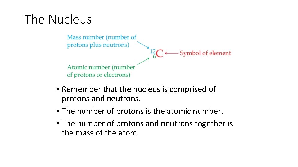 The Nucleus • Remember that the nucleus is comprised of protons and neutrons. •