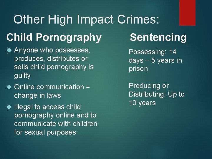 Other High Impact Crimes: Child Pornography Sentencing Anyone who possesses, produces, distributes or sells