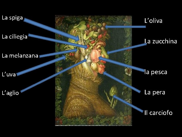 La spiga La ciliegia L’oliva La zucchina La melanzana L’uva la pesca L’aglio La