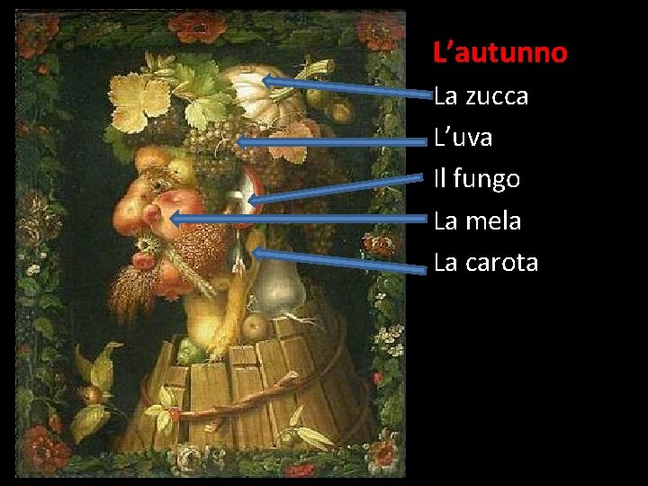 L’autunno La zucca L’uva Il fungo La mela La carota 