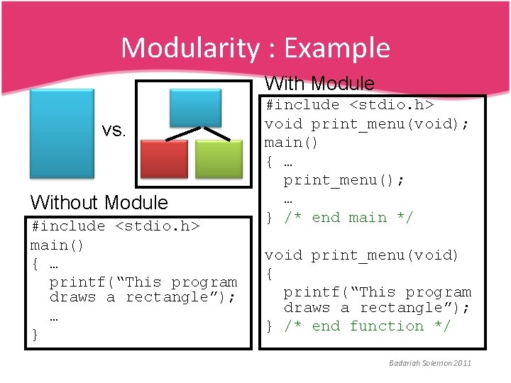 Modularity : Example With Module • x vs. Without Module #include <stdio. h> main()