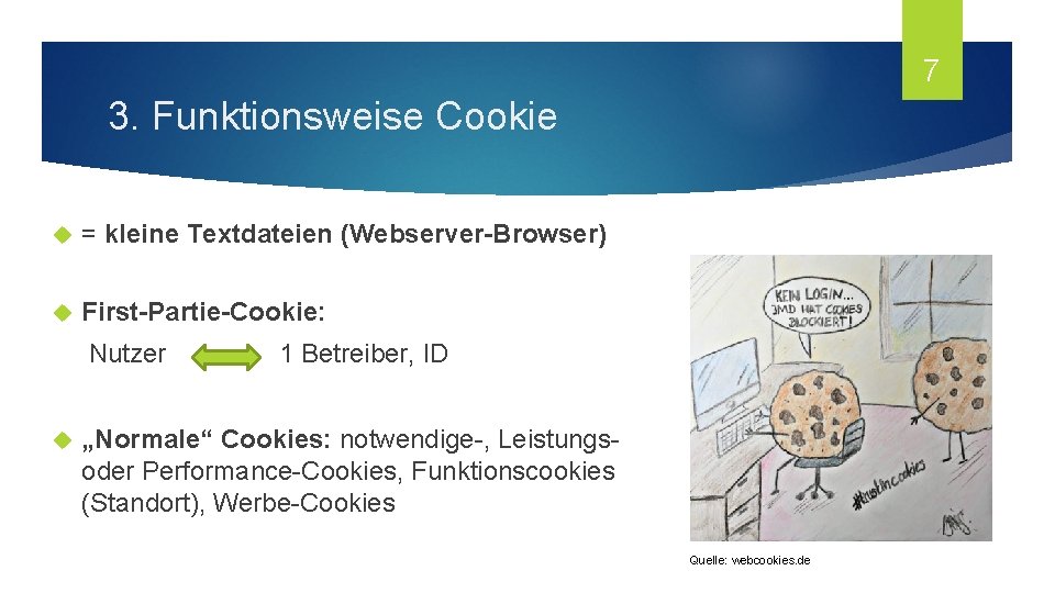 7 3. Funktionsweise Cookie = kleine Textdateien (Webserver-Browser) First-Partie-Cookie: Nutzer 1 Betreiber, ID „Normale“