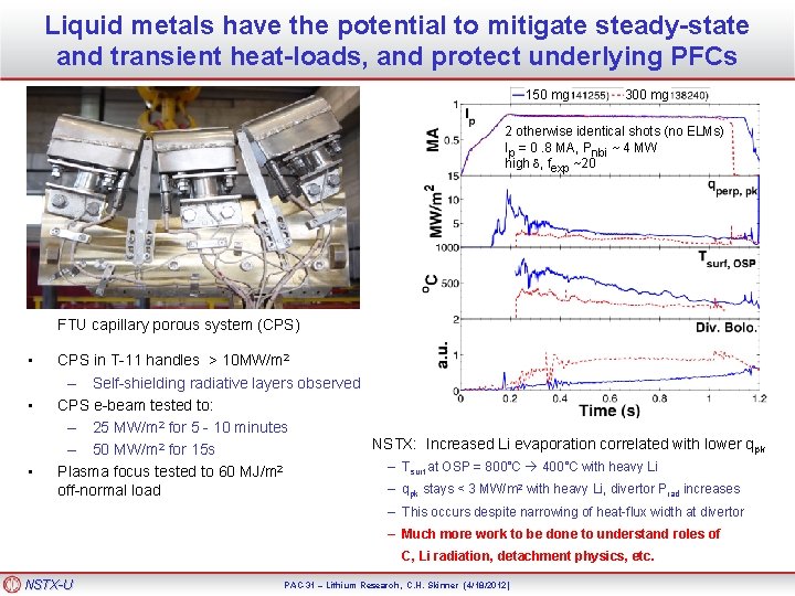 Liquid metals have the potential to mitigate steady-state and transient heat-loads, and protect underlying