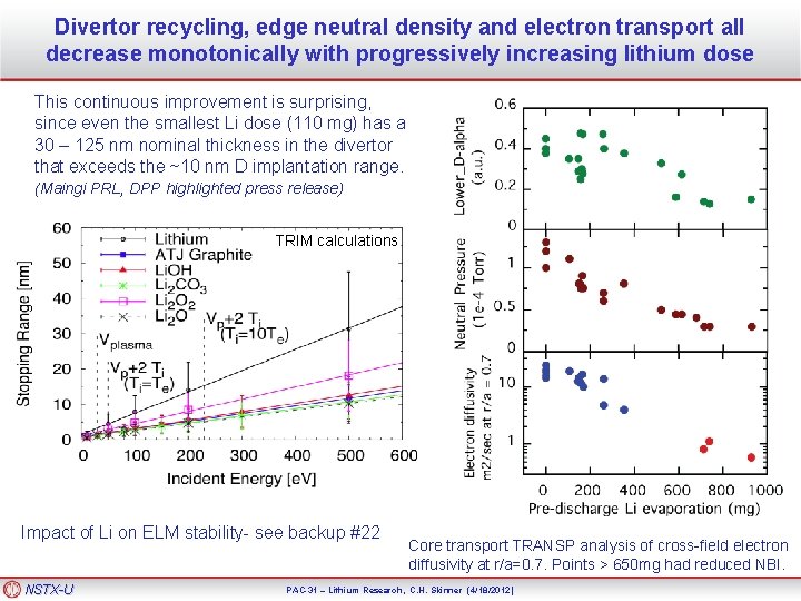 Divertor recycling, edge neutral density and electron transport all decrease monotonically with progressively increasing
