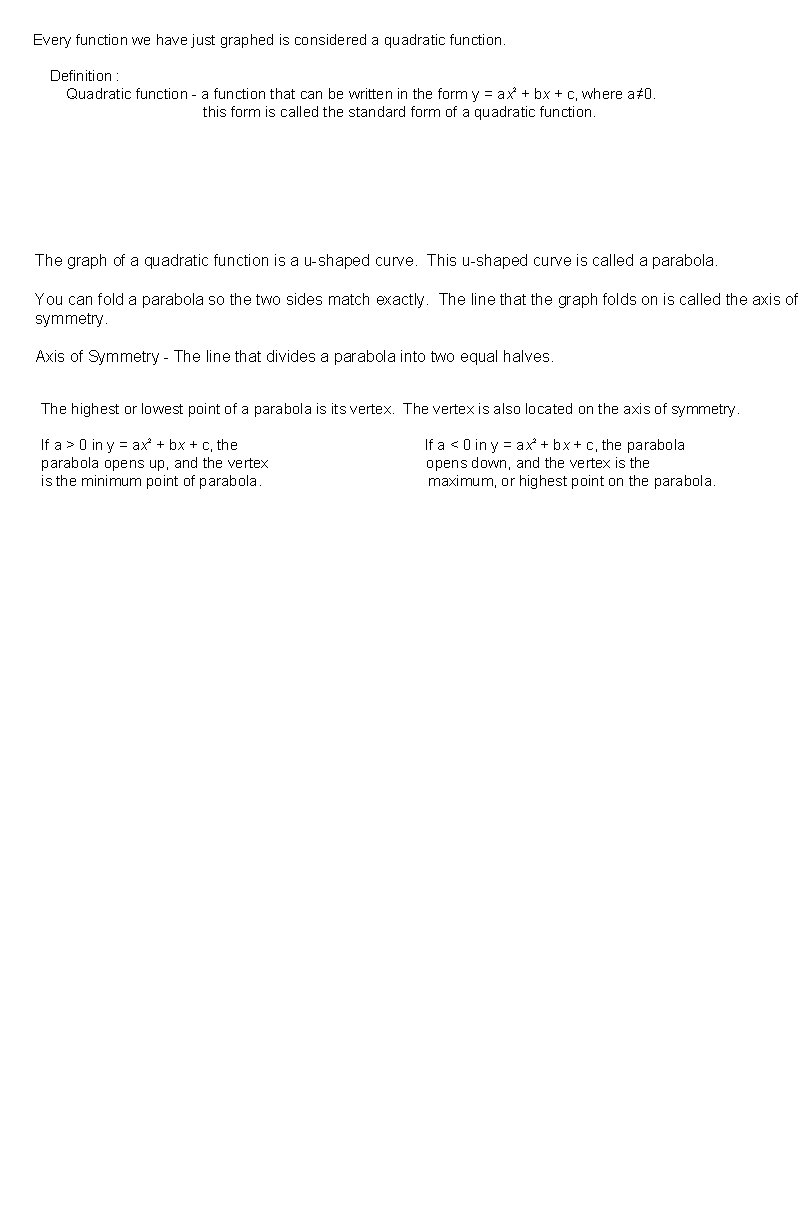 Every function we have just graphed is considered a quadratic function. Definition : Quadratic