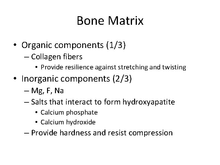 Bone Matrix • Organic components (1/3) – Collagen fibers • Provide resilience against stretching