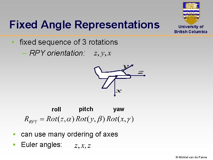 Fixed Angle Representations University of British Columbia • fixed sequence of 3 rotations –