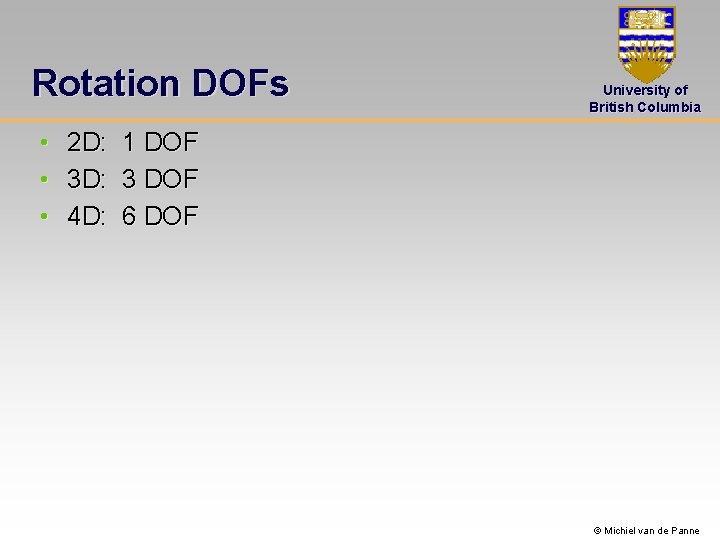 Rotation DOFs • • • 2 D: 3 D: 4 D: University of British