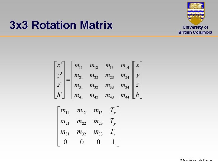 3 x 3 Rotation Matrix University of British Columbia © Michiel van de Panne