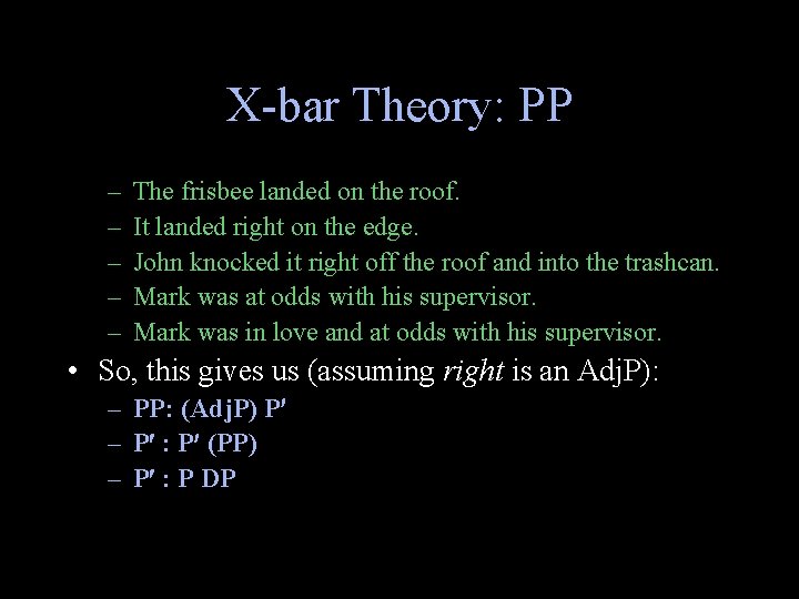 X-bar Theory: PP – – – The frisbee landed on the roof. It landed