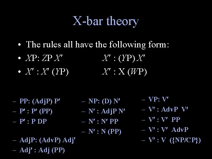 X-bar theory • The rules all have the following form: • XP: ZP X