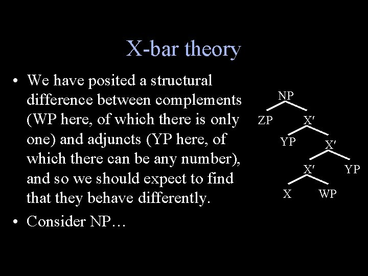 X-bar theory • We have posited a structural difference between complements (WP here, of