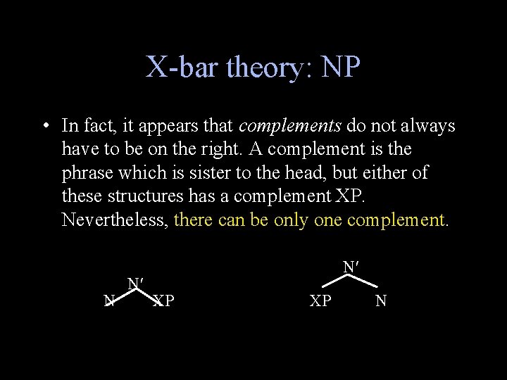 X-bar theory: NP • In fact, it appears that complements do not always have