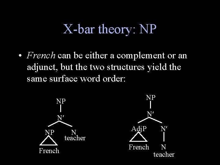X-bar theory: NP • French can be either a complement or an adjunct, but