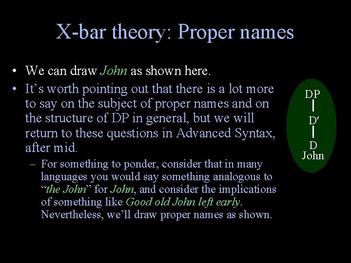 X-bar theory: Proper names • We can draw John as shown here. • It’s