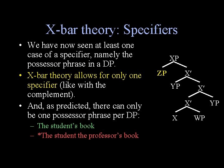 X-bar theory: Specifiers • We have now seen at least one case of a