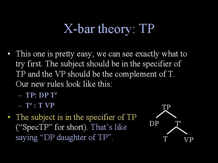 X-bar theory: TP • This one is pretty easy; we can see exactly what