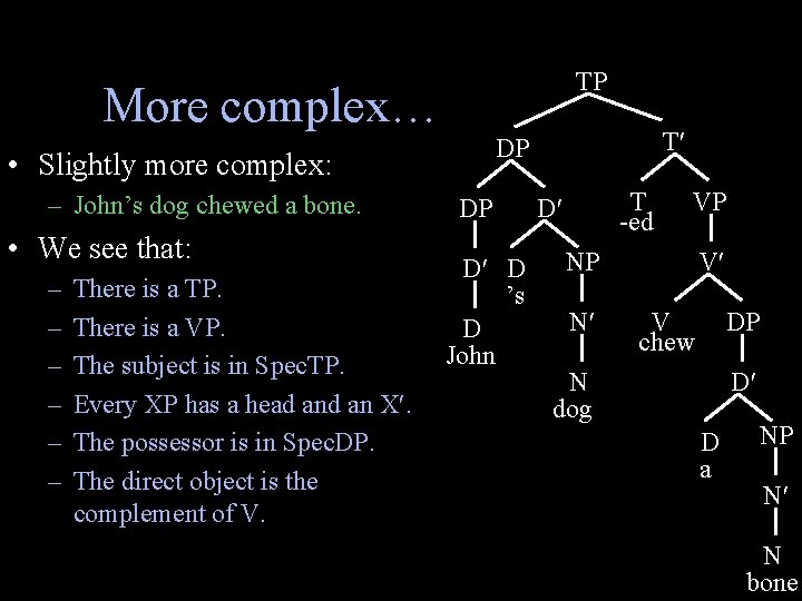 TP More complex… • Slightly more complex: – John’s dog chewed a bone. •