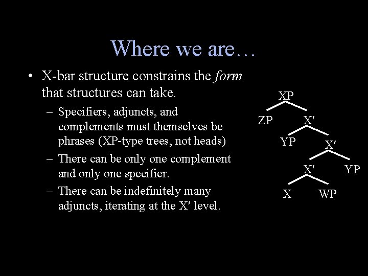 Where we are… • X-bar structure constrains the form that structures can take. –