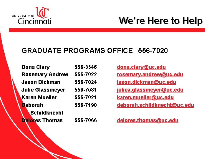 We’re Here to Help GRADUATE PROGRAMS OFFICE 556 -7020 Dona Clary Rosemary Andrew Jason
